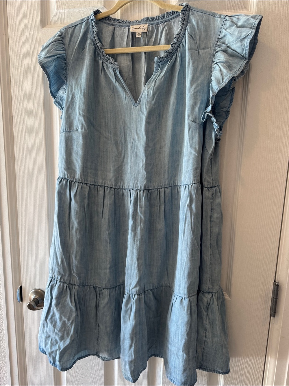 Wonderly 1X Light Denim Blue Ruffle Sleeve Tiered Dress